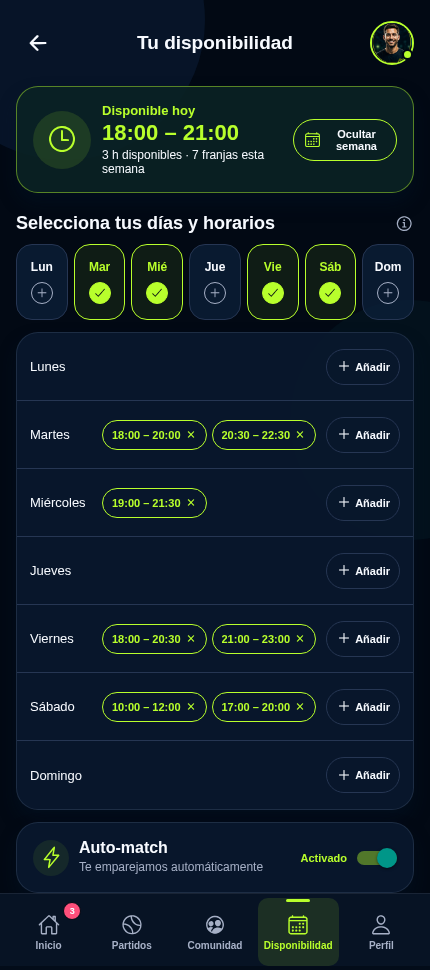 Pantalla de disponibilidad recurrente en la app PadelDraft