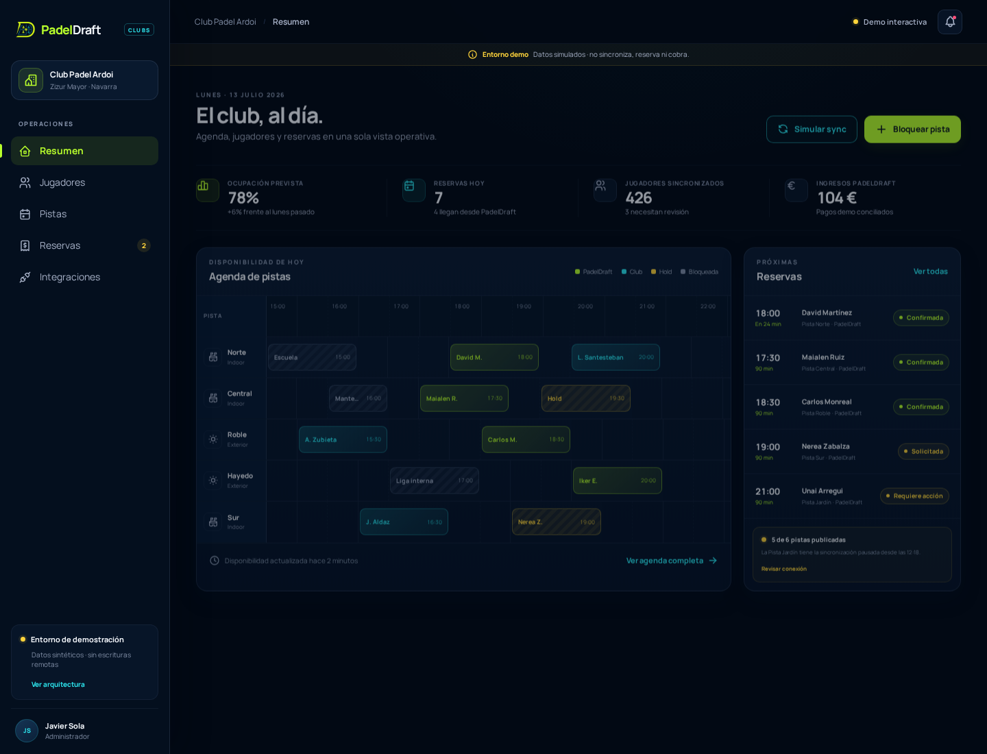 Vista del dashboard de demostración con agenda, lista de jugadores, reservas y excepciones operativas