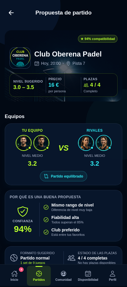 Pantalla de una propuesta de partido con cuatro plazas en PadelDraft